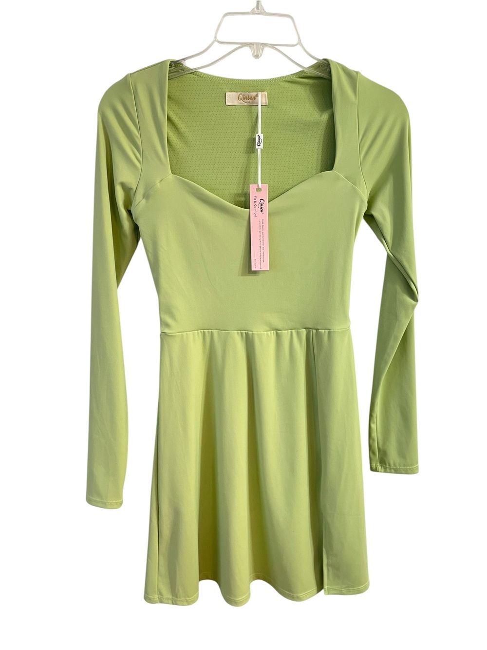 QINSEN Lime Green Sweetheart Neck Mini Dress Long Sleeve Bodycon Fit Flare NWT S